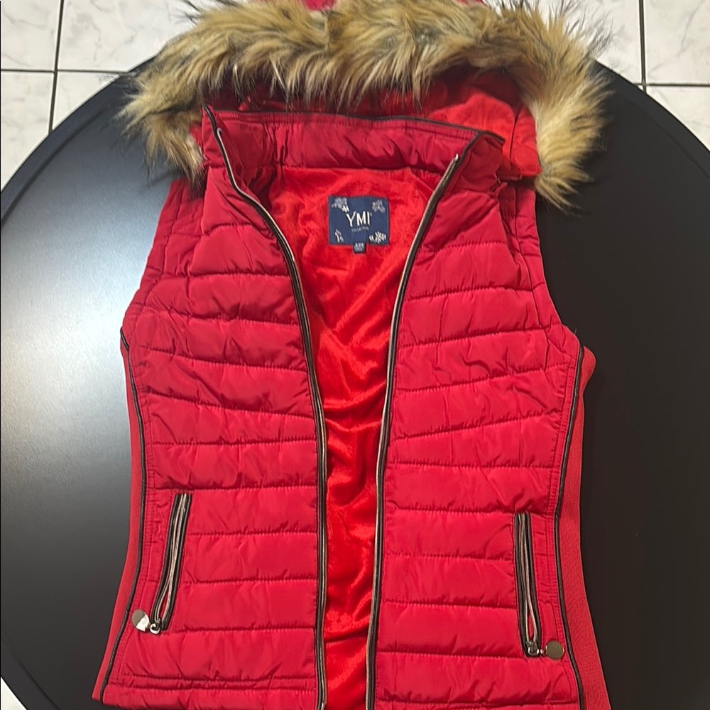 YMI Red Quilted Vest with Faux Fur